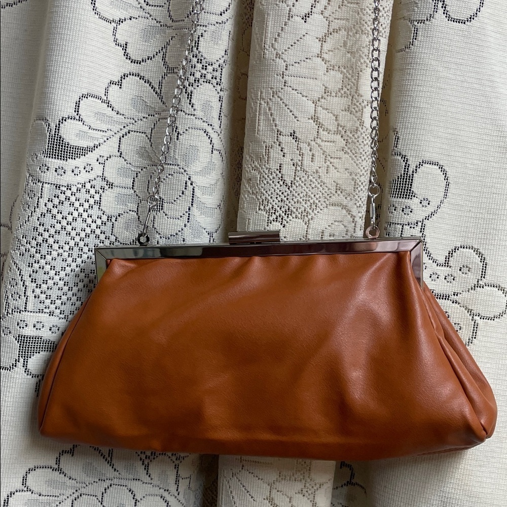 Classy Tan  Imitation Leather Clutch With Detachable Chain Strap